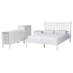 Baxton Studio Denita Spindle 4-Piece Bedroom Set - Farmhouse Platform Bed with Matching Dresser, Chest, and 1-Drawer Nightstand, White, Queen